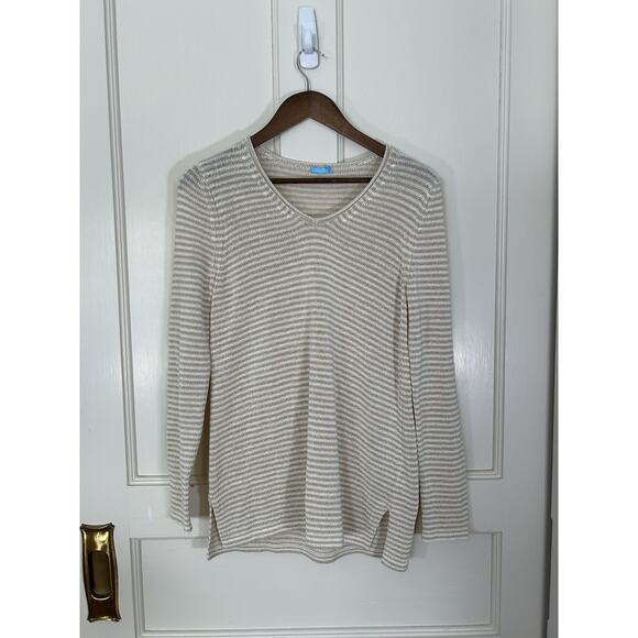 J. McLaughlin Callum Stripped Knit Sweater Womens Size Medium Ivory Tan Beachy - Picture 2 of 8